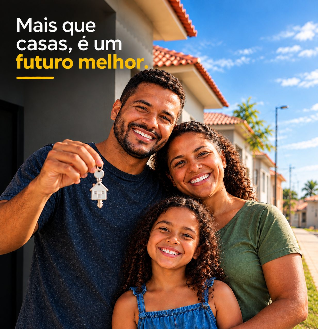 Família sorrindo em frente à casa nova, com a chave na mão. Mais que casas, é um futuro melhor.